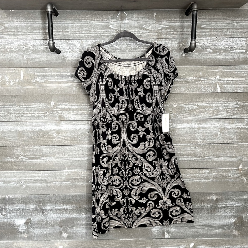 Sonoma | Black Beige Patterned Short Sleeve Midi Dress Size L